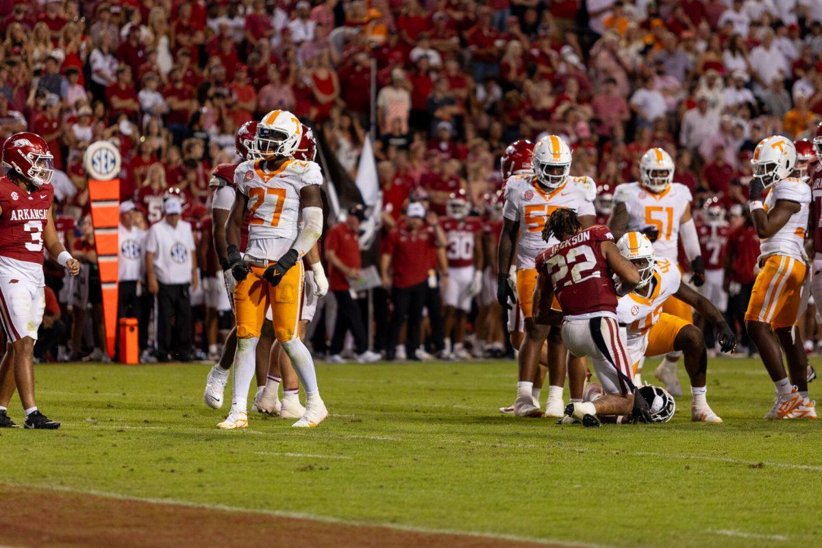 James Pearce Jr. (27) celebrates a defensive stop during a game against Arkansas at Donald W. Reynolds Razorback Stadium. Saturday, Oct. 5, 2024. 