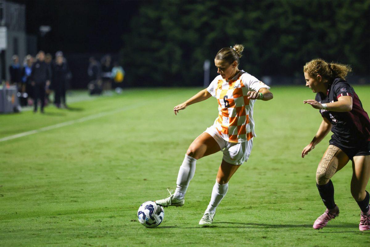 Sarah Bridenstine (6) dribbles around a defender against South Carolina at Regal Soccer Stadium. Thursday, Oct. 24, 2024.