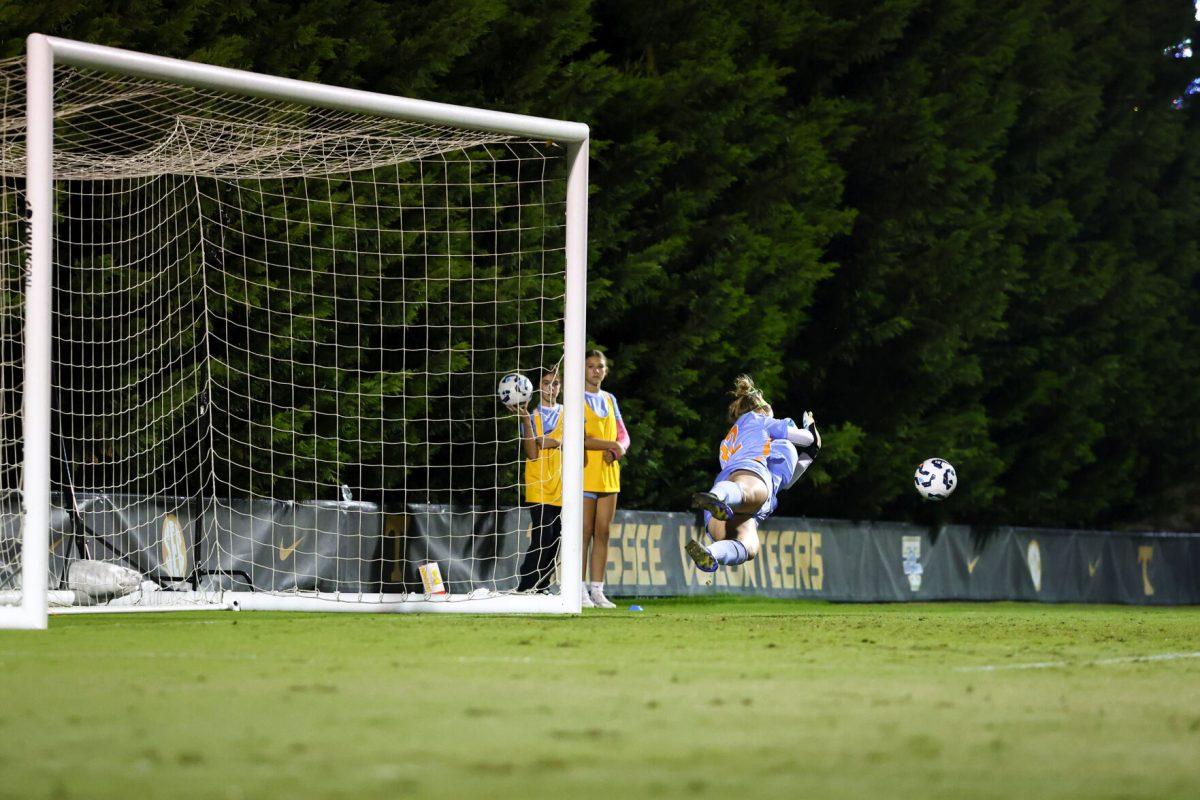 Goalkeeper Ally Zazzara (32) makes a game-saving dive against South Carolina at Regal Soccer Stadium. Thursday, Oct. 24, 2024.
