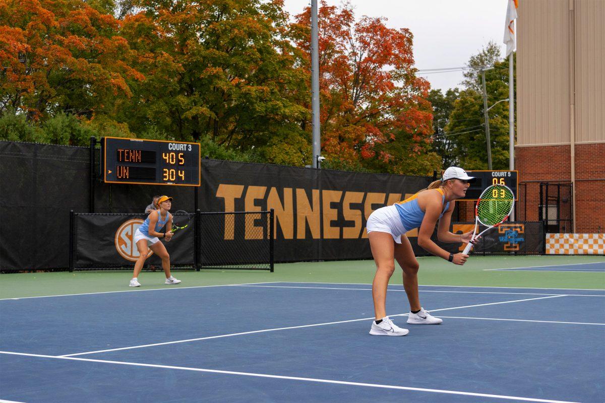Conley Raidt (left) and Saray Yli-Piipari (right) prepare to face the University of Nebraska at Barksdale Stadium. Sunday, Oct. 27, 2024.