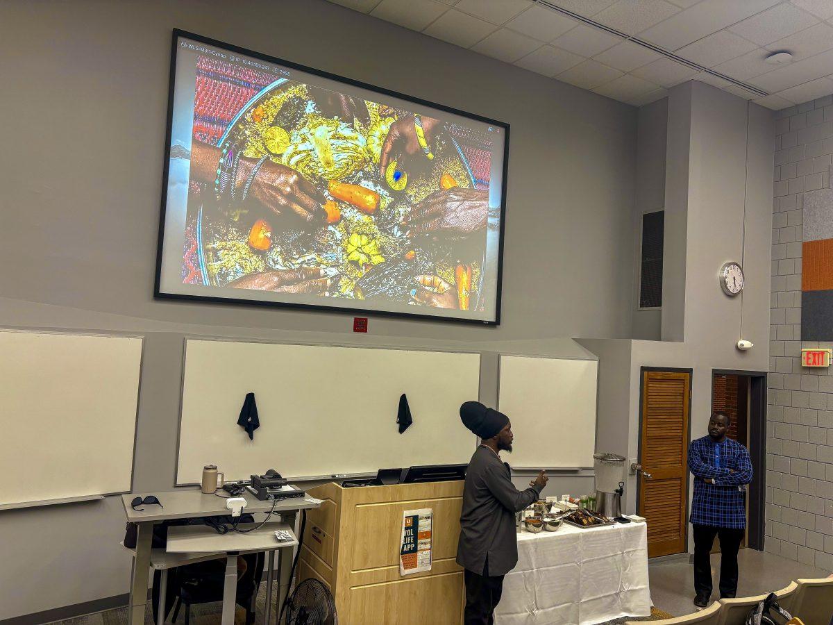 Students and faculty joined Senegalese artists Simon and Docta, in the Walters Academic Building as they educated them on socioeconomic issues within West Africa through art. Oct. 22, 2024.