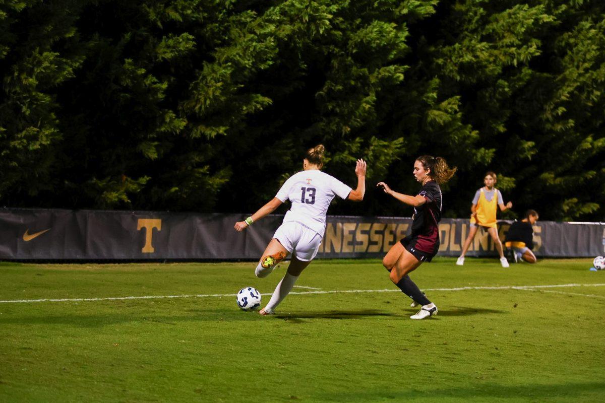 Keaton Mitchell (13) kicks the ball towards the goal against South Carolina at Regal Soccer Stadium. Thursday, Oct. 24, 2024