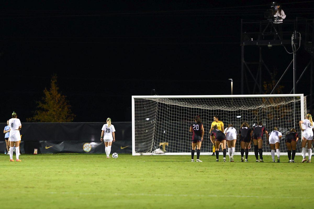 Mac Midgley (20) prepares to deliver the game-tying penalty kick against South Carolina at Regal Soccer Stadium. Thursday, Oct. 24, 2024.