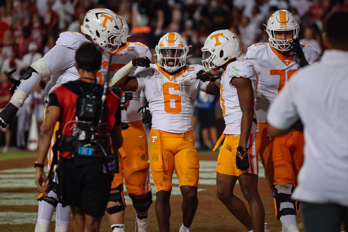 Dylan Sampson (6) celebrates a touchdown with his teammates during a game against Arkansas at Donald W. Reynolds Razorback Stadium. Saturday, Oct. 5, 2024.