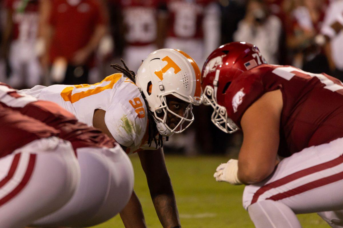 Dominic Bailey (90) lines up during a game against Arkansas at Donald W. Reynolds Razorback Stadium. Saturday, Oct. 5, 2024. 