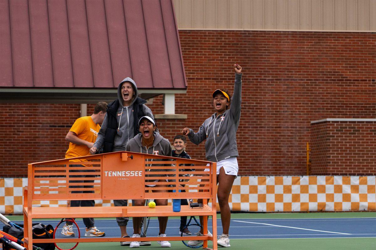 Elza Tomase (left), Vanesa Suarez (middle) and Leyla Britez Risso (right) cheer on for the Lady Vols at Barksdale Stadium. Sunday, Oct. 27, 2024.