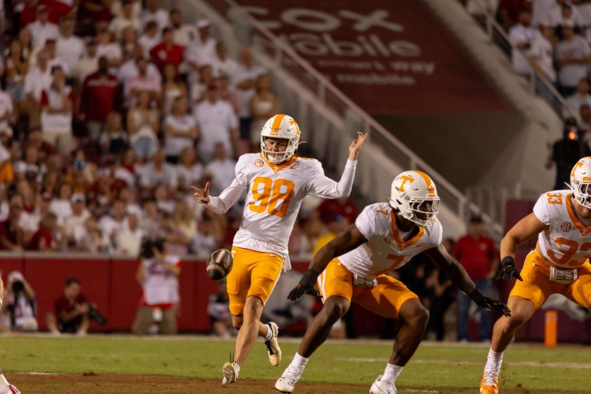 Jackson Ross (98) punts the ball during a game against Arkansas at Donald W. Reynolds Razorback Stadium. Saturday, Oct. 5, 2024. 