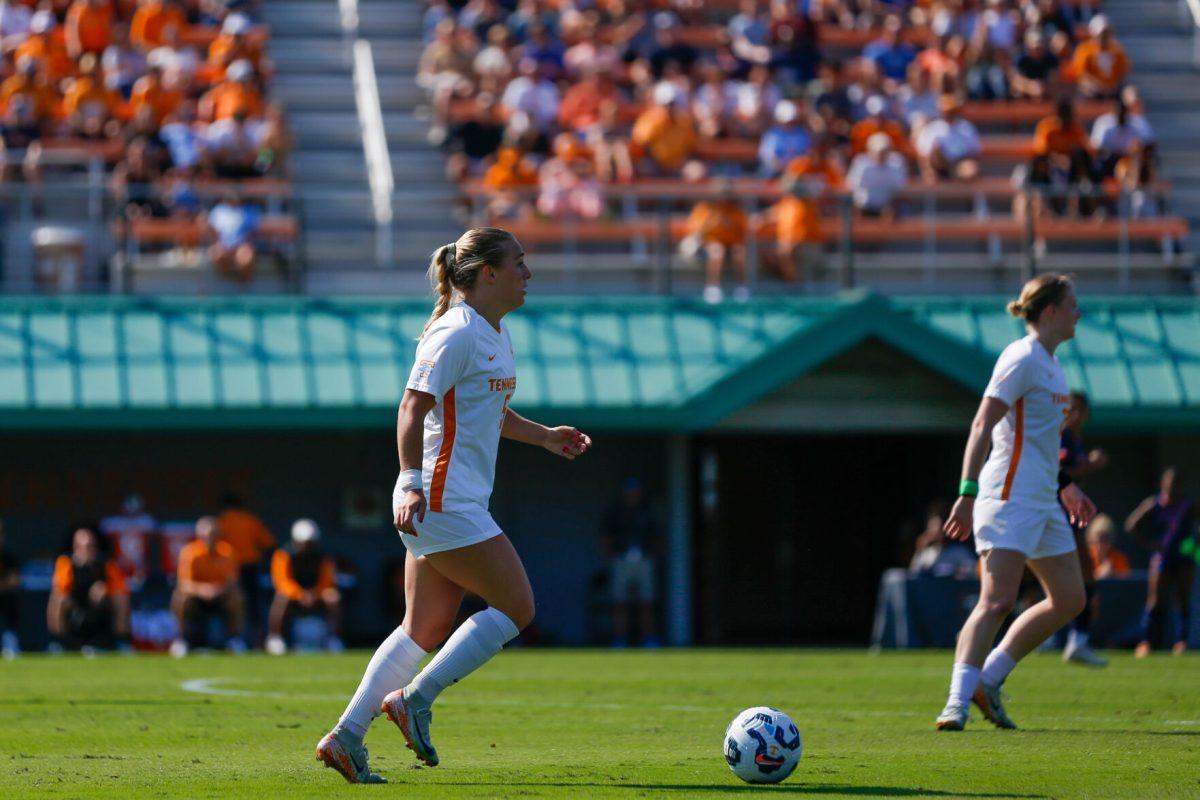 Jenna Stayart (5) dribbles the ball down the field against Auburn at Regal Soccer Stadium. Sunday, Oct. 13, 2024.