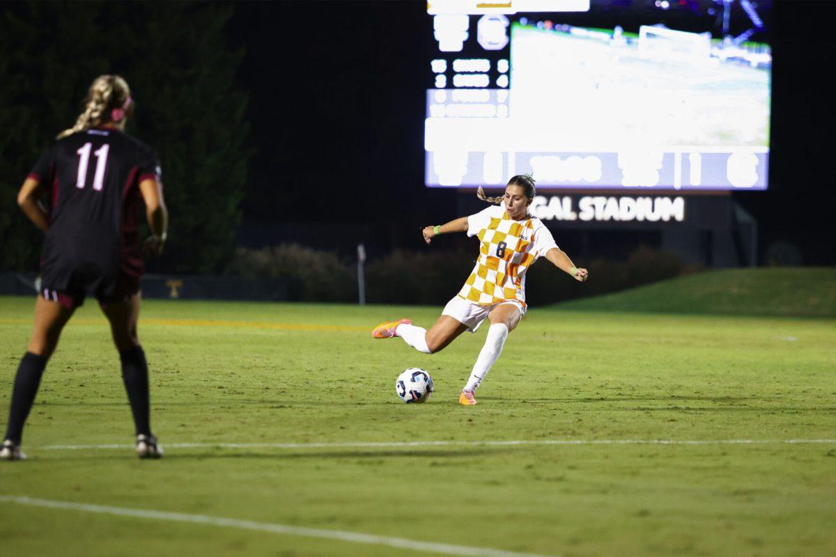 Luciana Latino (8) strikes the ball against South Carolina at Regal Soccer Stadium. Thursday, Oct. 24, 2024.