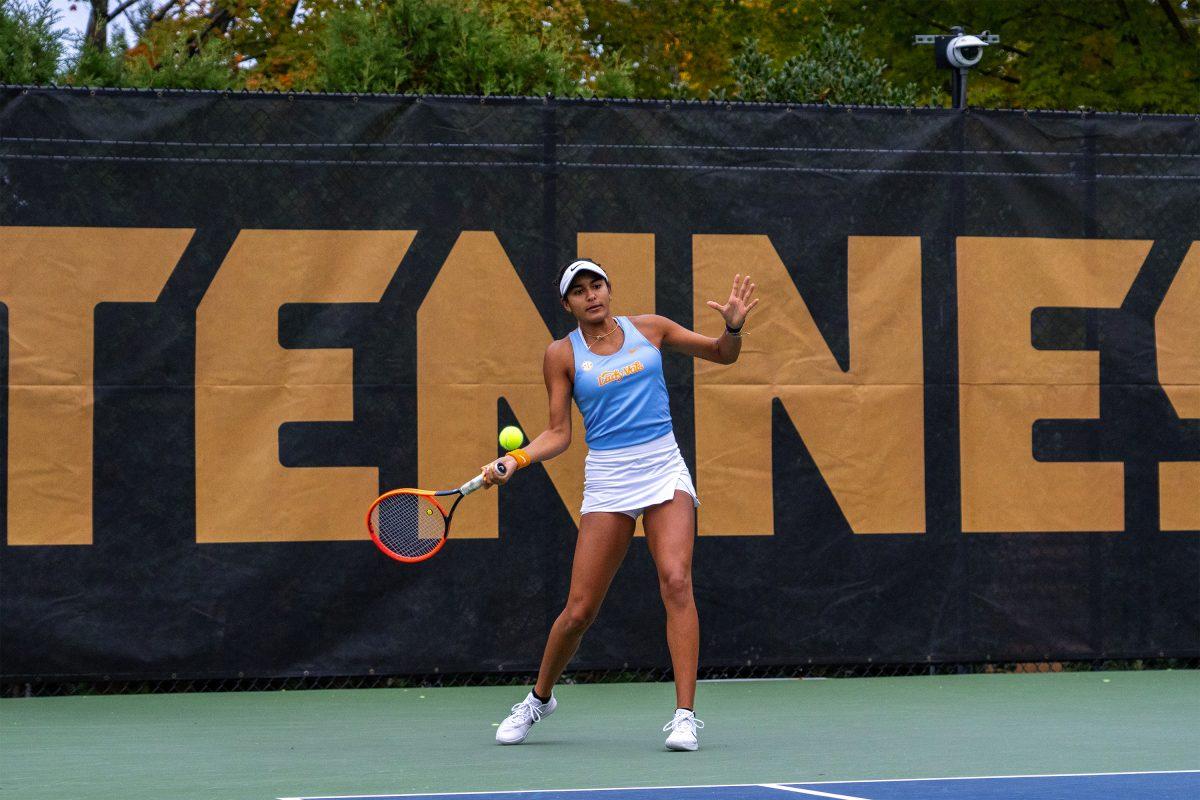Vanesa Suarez returning the ball against the University of Nebraska at Barksdale Stadium. Sunday, Oct. 27, 2024.