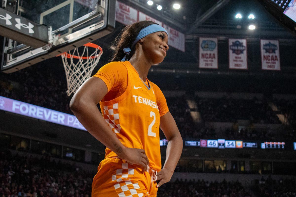 Rickea Jackson (2) smiles to the Lady Vols bench following a play against South Carolina at Colonial Life Arena. Sunday, March 3, 2024.