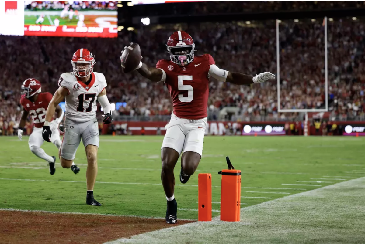 Alabama wide receiver Germie Bernard (5) scores a touchdown against Georgia at Bryant-Denny Stadium. Saturday, Sept. 28, 2024. 