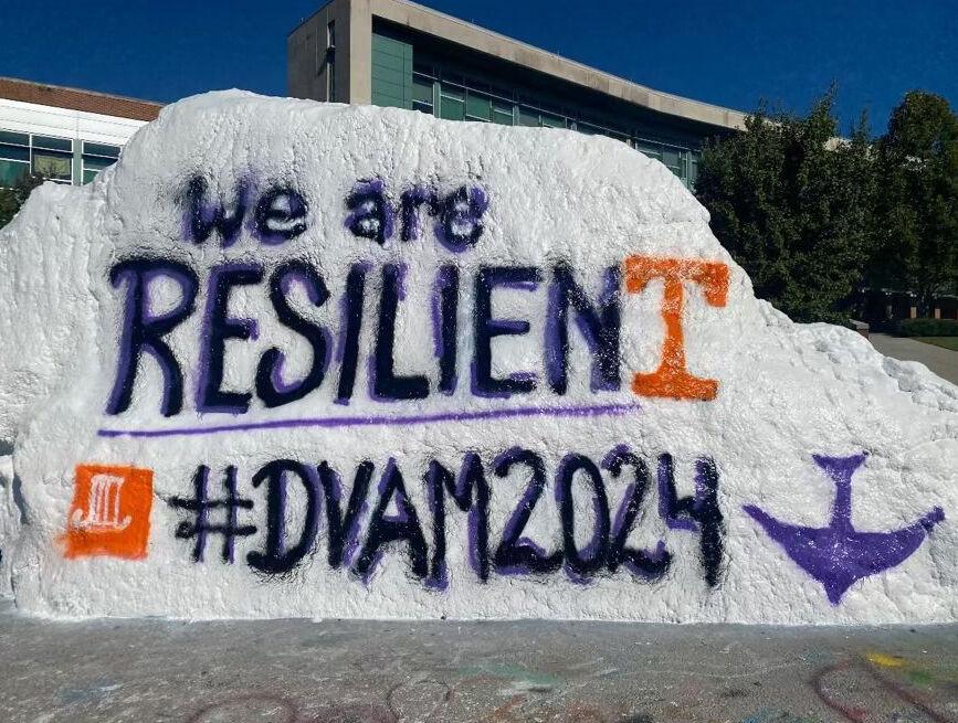 October is Domestic Violence Awareness Month and the Center for Health Education and Wellness painted The Rock to help spread spread the word and educate students about the signs of domestic violence and how to get help. 