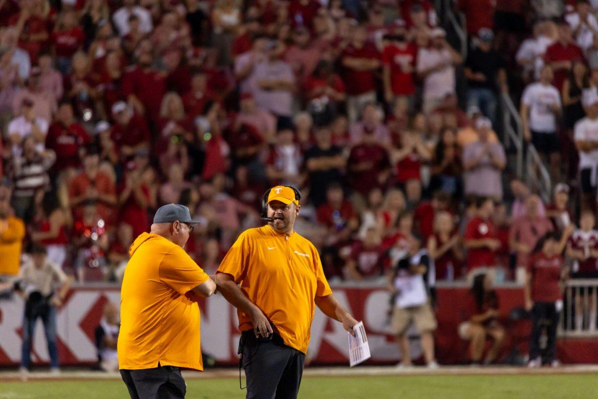 Head coach Josh Heupel during a game against Arkansas at Donald W. Reynolds Razorback Stadium. Saturday, Oct. 5, 2024.