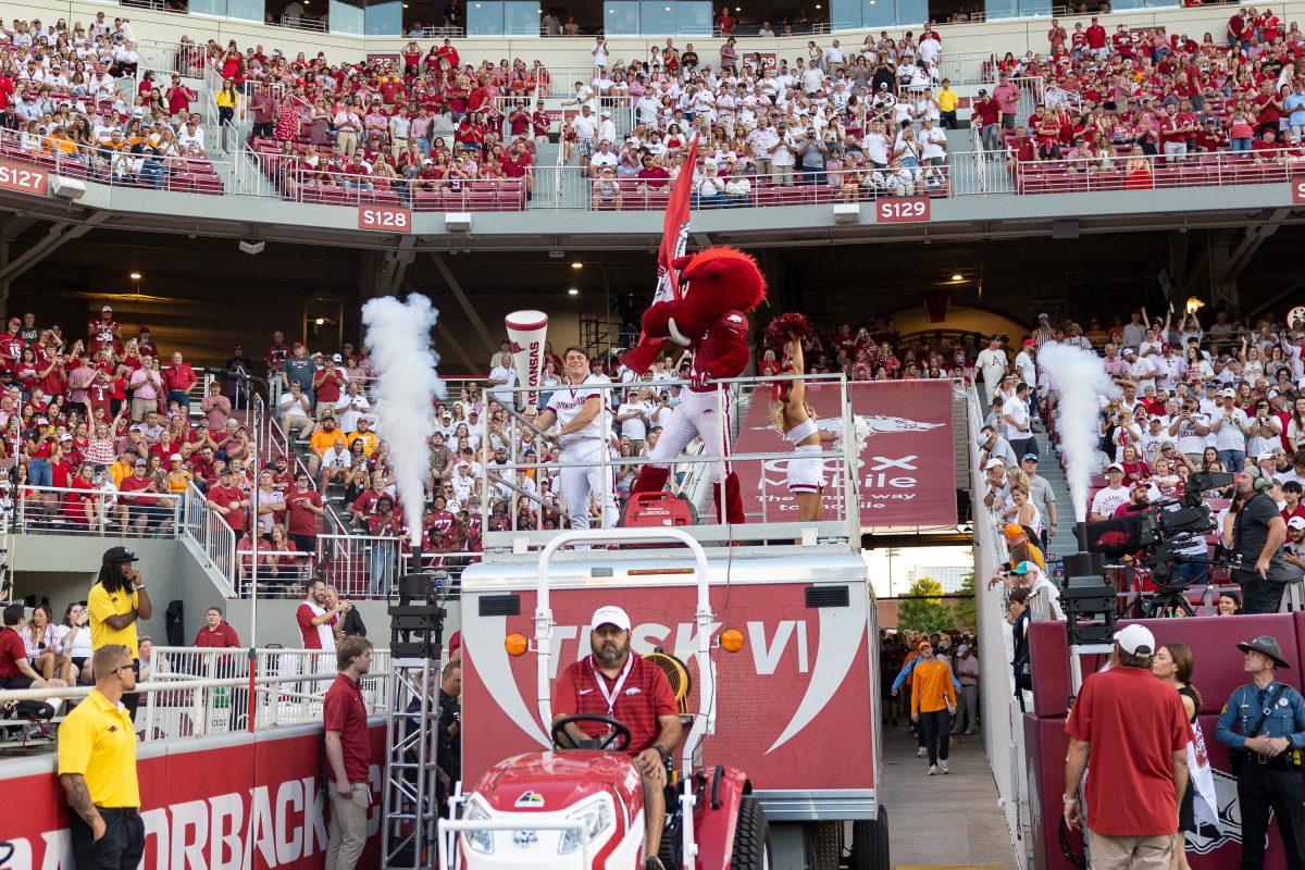 Tusk the Razorbacks enters the stadium before a game between Tennessee and Arkansas at Donald W. Reynolds Razorback Stadium. Saturday, Oct. 5, 2024. 