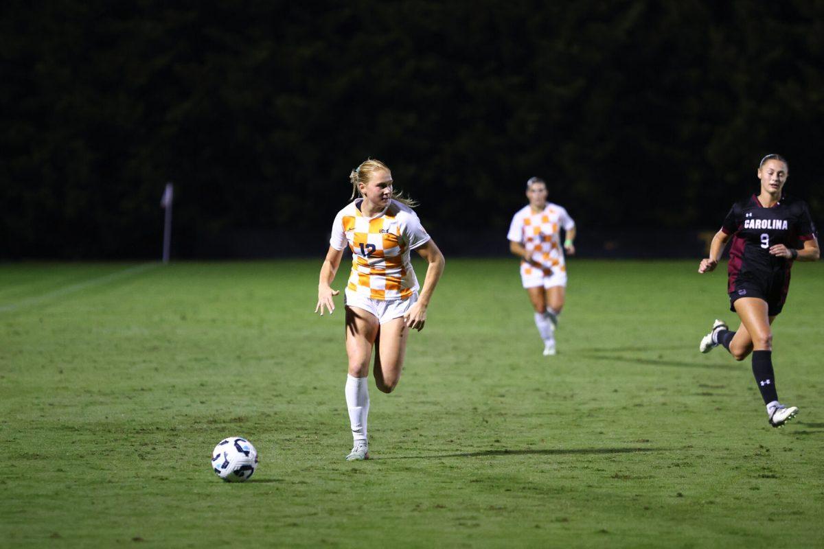 Sheridan Michel (12) dribbles the ball up the field against South Carolina at Regal Soccer Stadium. Thursday, Oct. 24, 2024.