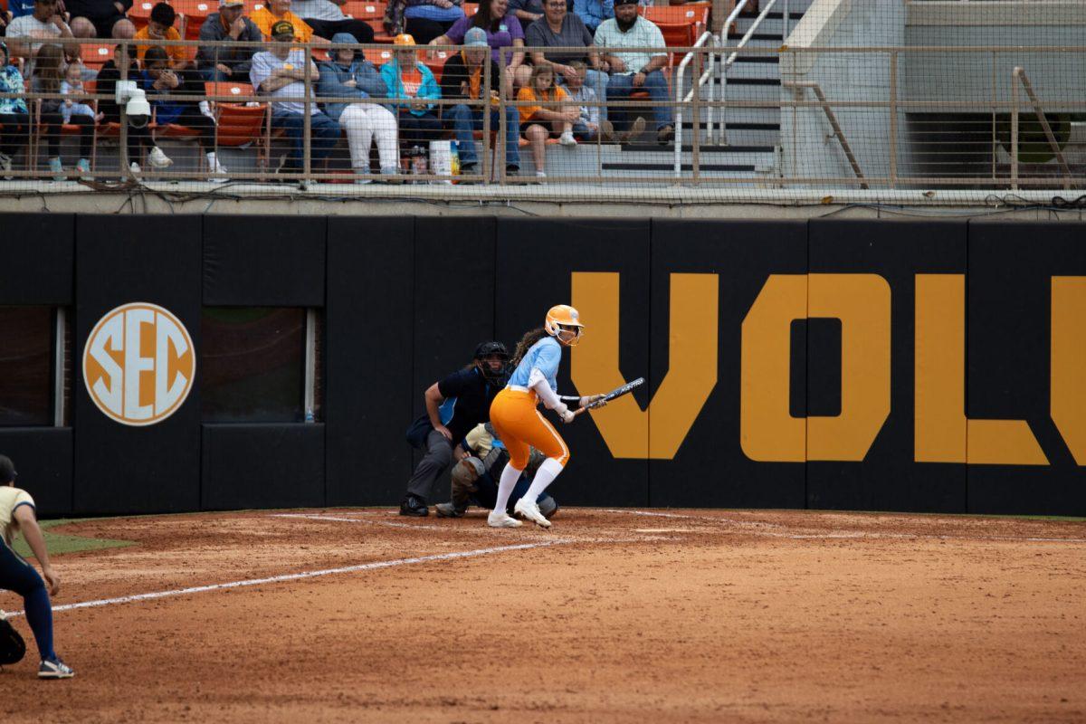 Kinsey Fiedler (27) squares for a bunt against Georgia Tech at Sherri Parker Lee Stadium. Saturday, Sept. 28, 2024