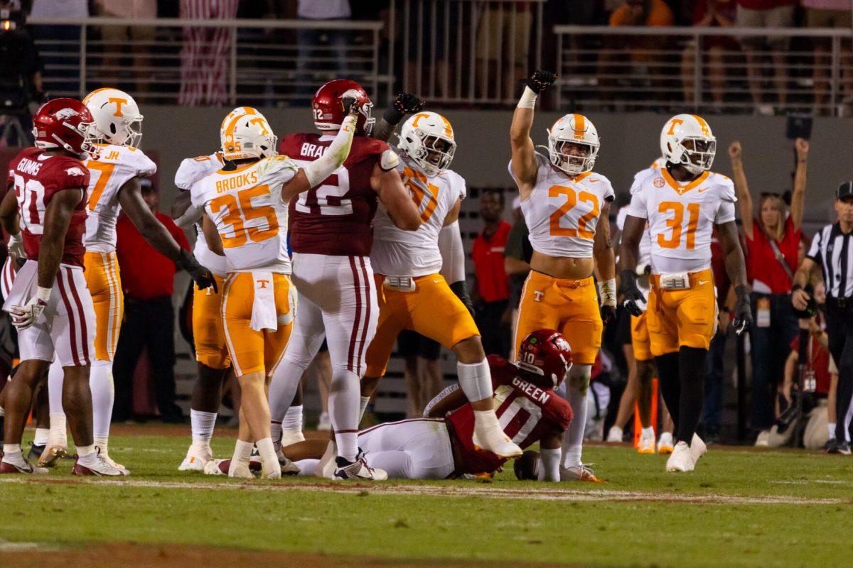 Tennessee's defense celebrates a defensive stop during a game against Arkansas at Donald W. Reynolds Razorback Stadium. Saturday, Oct. 5, 2024. 
