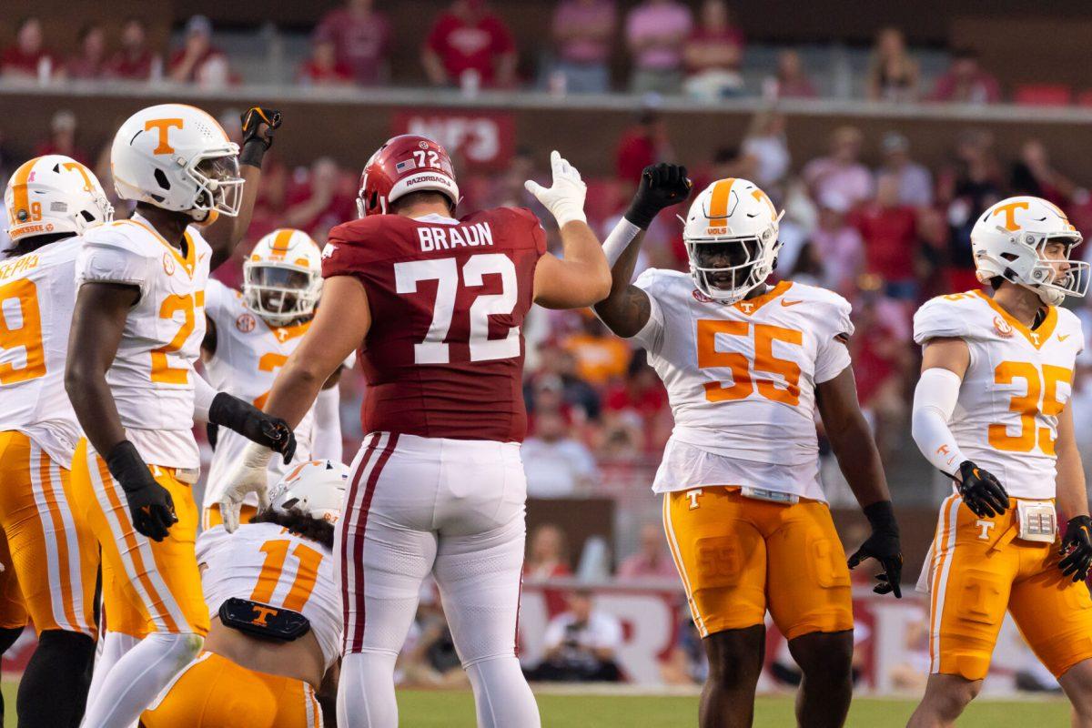 Omarr Norman-Lott (55) celebrates a defensive stop during a game against Arkansas at Donald W. Reynolds Razorback Stadium. Saturday, Oct. 5, 2024. 