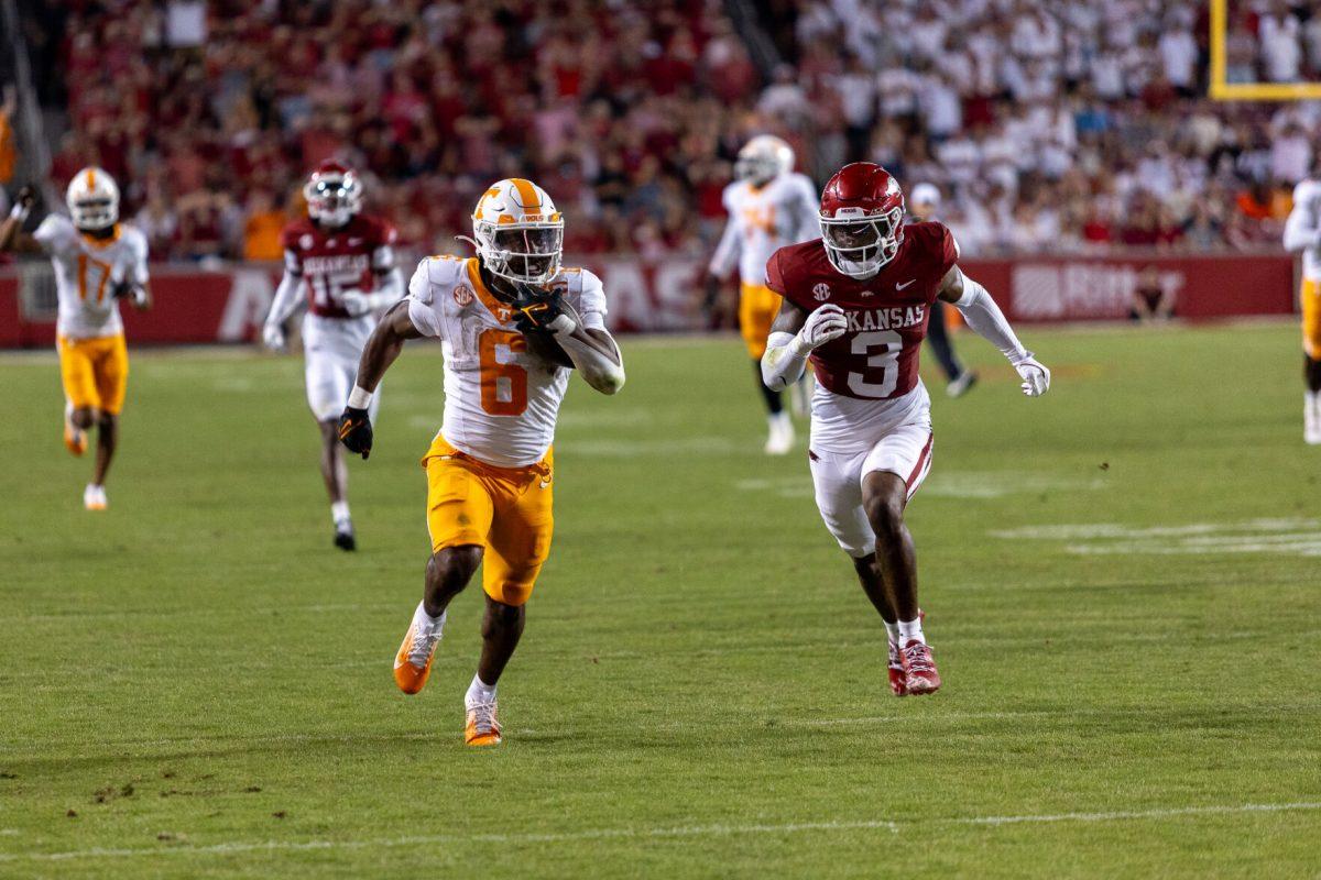 Dylan Sampson (6) runs for a long gain during a game against Arkansas at Donald W. Reynolds Razorback Stadium. Saturday, Oct. 5, 2024. 