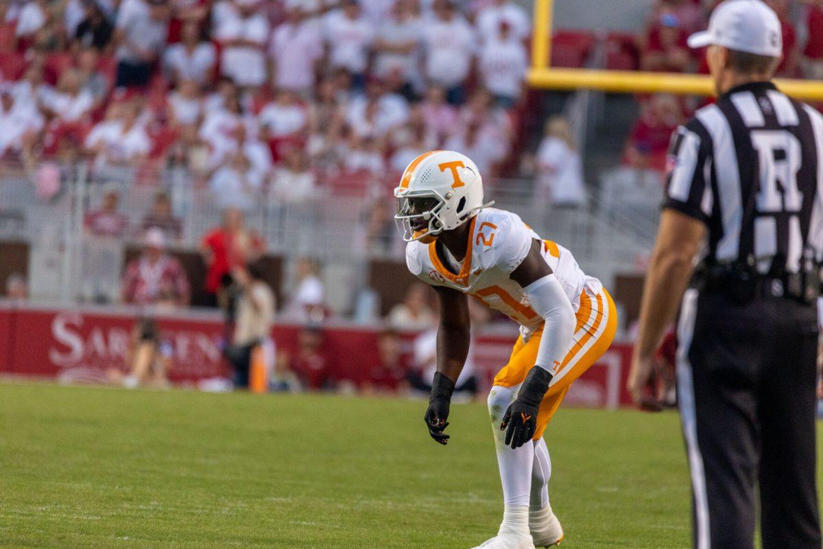 James Pearce Jr. (27) anticipates the snap during a game against Arkansas at Donald W. Reynolds Razorback Stadium. Saturday, Oct. 5, 2024.