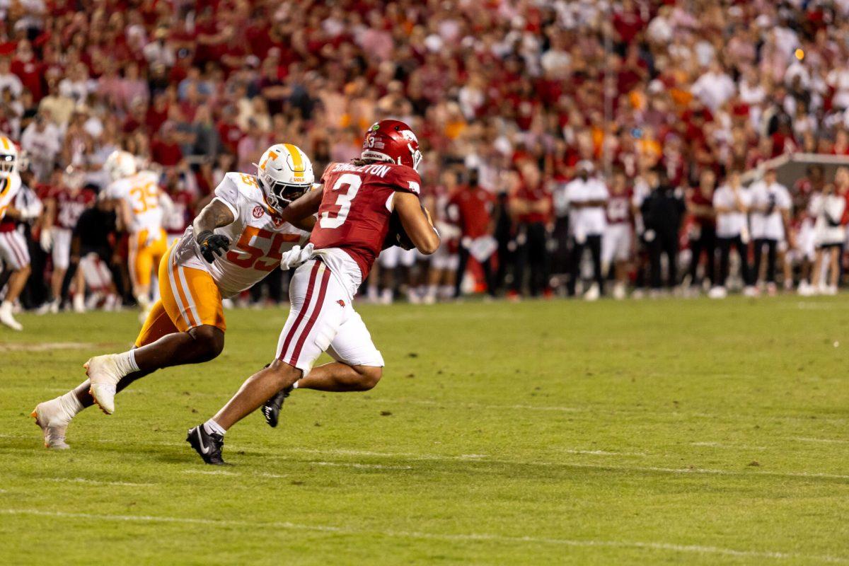 Omarr Norman-Lott (55) goes for a sack during a game against Arkansas at Donald W. Reynolds Razorback Stadium. Saturday, Oct. 5, 2024. 