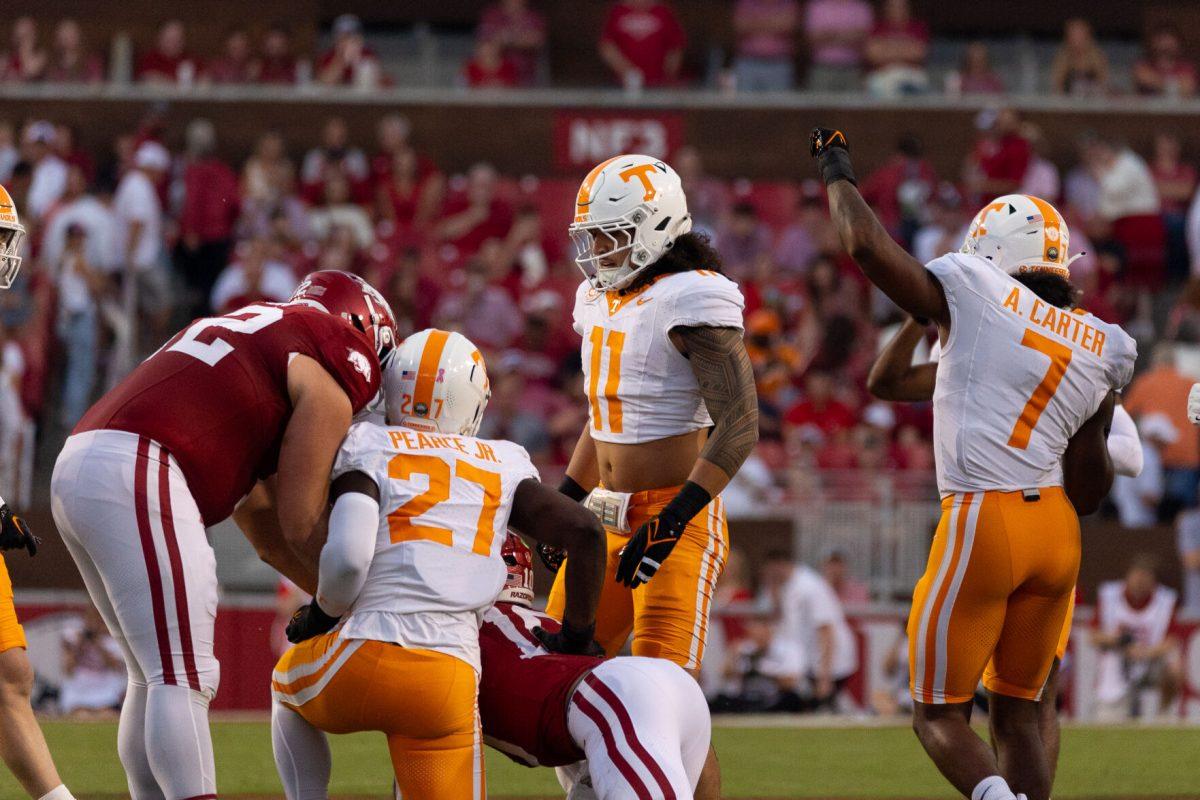 Tennessee's defense celebrates a stop during a game against Arkansas at Donald W. Reynolds Razorback Stadium. Saturday, Oct. 5, 2024. 