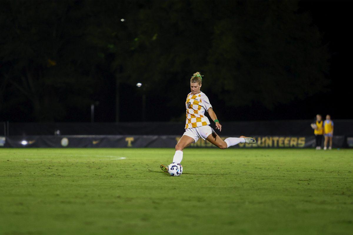 Ally Brown (18) delivers a kick against South Carolina at Regal Soccer Stadium. Thursday, Oct. 24, 2024.