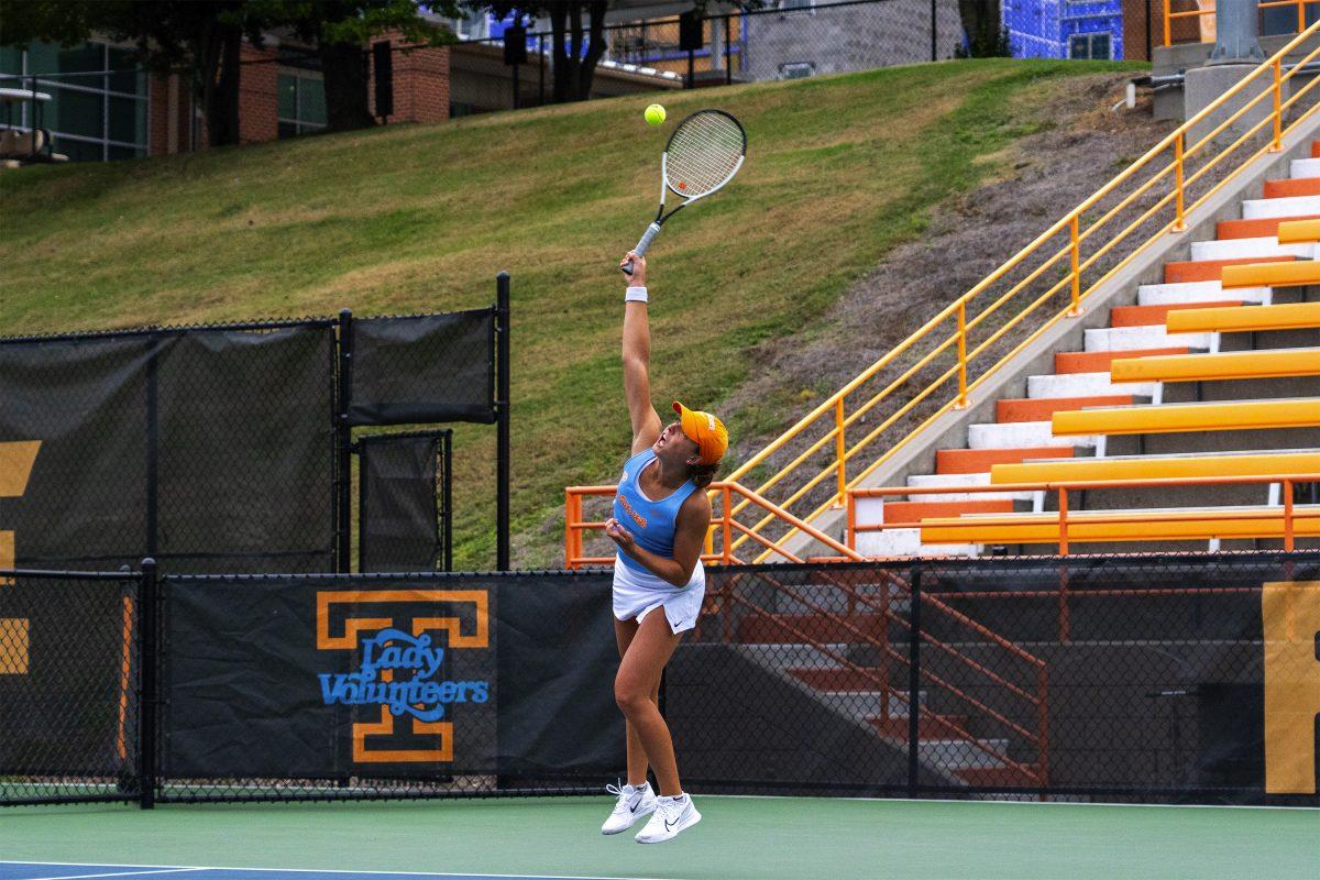 Conley Raidt serves against the University of Nebraska at Barksdale Stadium. Sunday, Oct. 27, 2024.