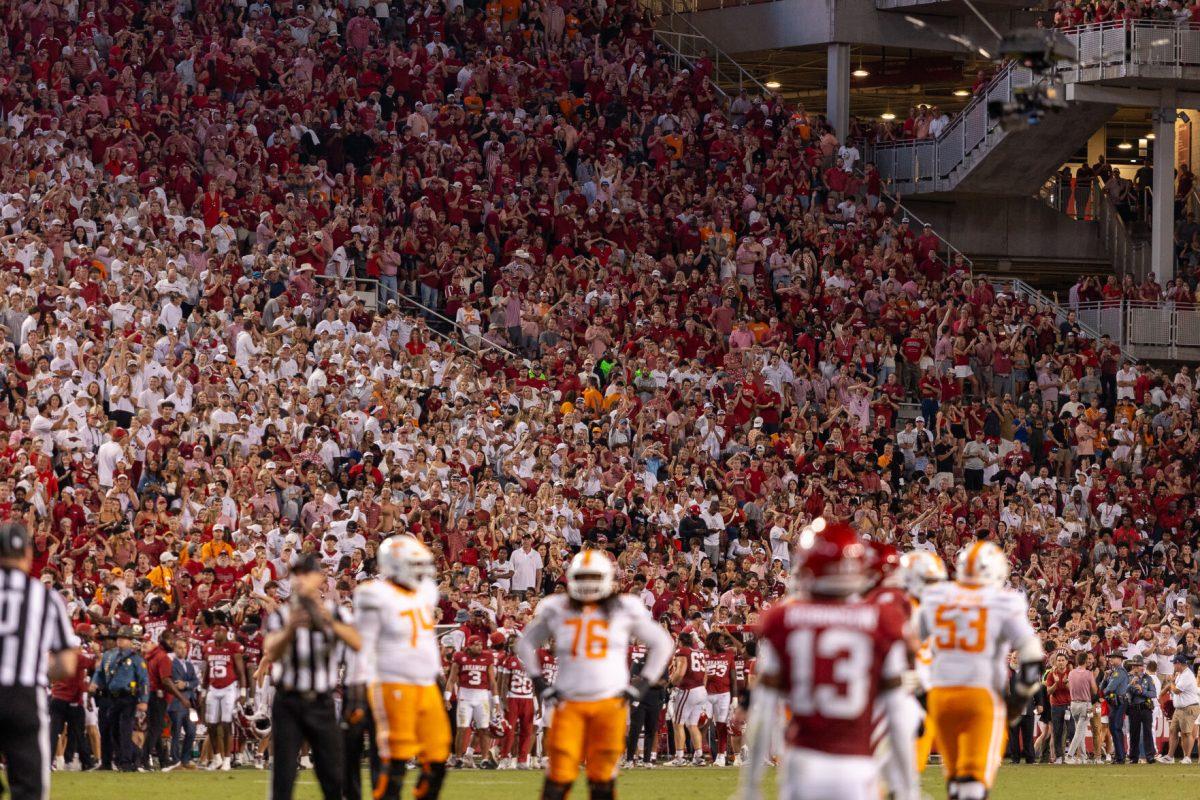 Fans get loud as Tennessee lines up on offense during a game against Arkansas at Donald W. Reynolds Razorback Stadium. Saturday, Oct. 5, 2024. 