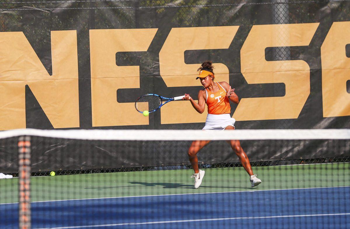 Leyla Britez Risso returns a hit to Ohio State at Barksdale Tennis Stadium. Saturday, Oct. 26, 2024