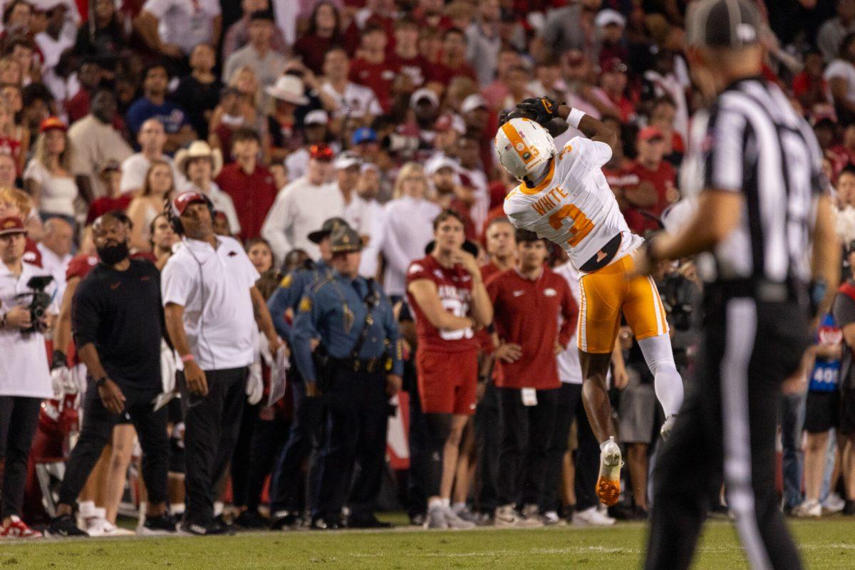 Squirrel White (3) makes a catch during a game against Arkansas at Donald W. Reynolds Razorback Stadium. Saturday, Oct. 5, 2024. 