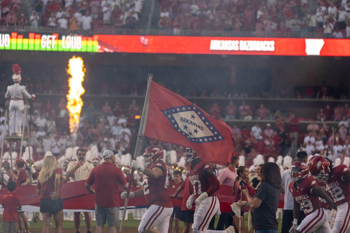 Arkansas enters the field before a game against Tennessee at Donald W. Reynolds Razorback Stadium. Saturday, Oct. 5, 2024. 