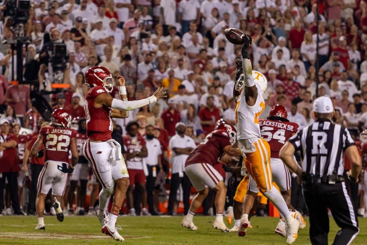 James Pearce Jr. (27) bats down a pass from an Arkansas quarterback during a game against Arkansas at Donald W. Reynolds Razorback Stadium. Saturday, Oct. 5, 2024. 