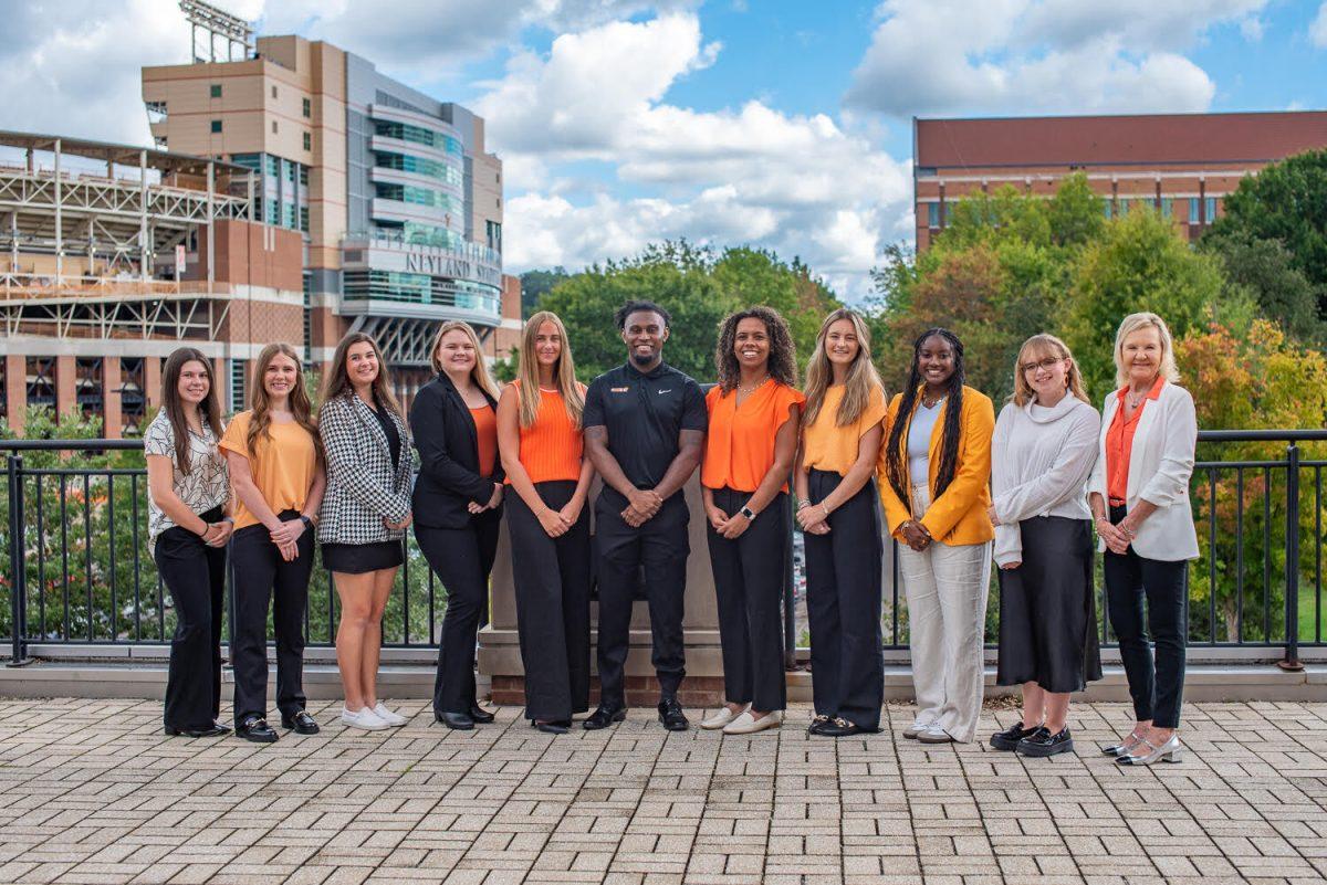 The students from the Haslam College of Business selected to attend Super Bowl LIX in New Orleans, Louisiana, lead by Dr. Debra Mackey (far right).  