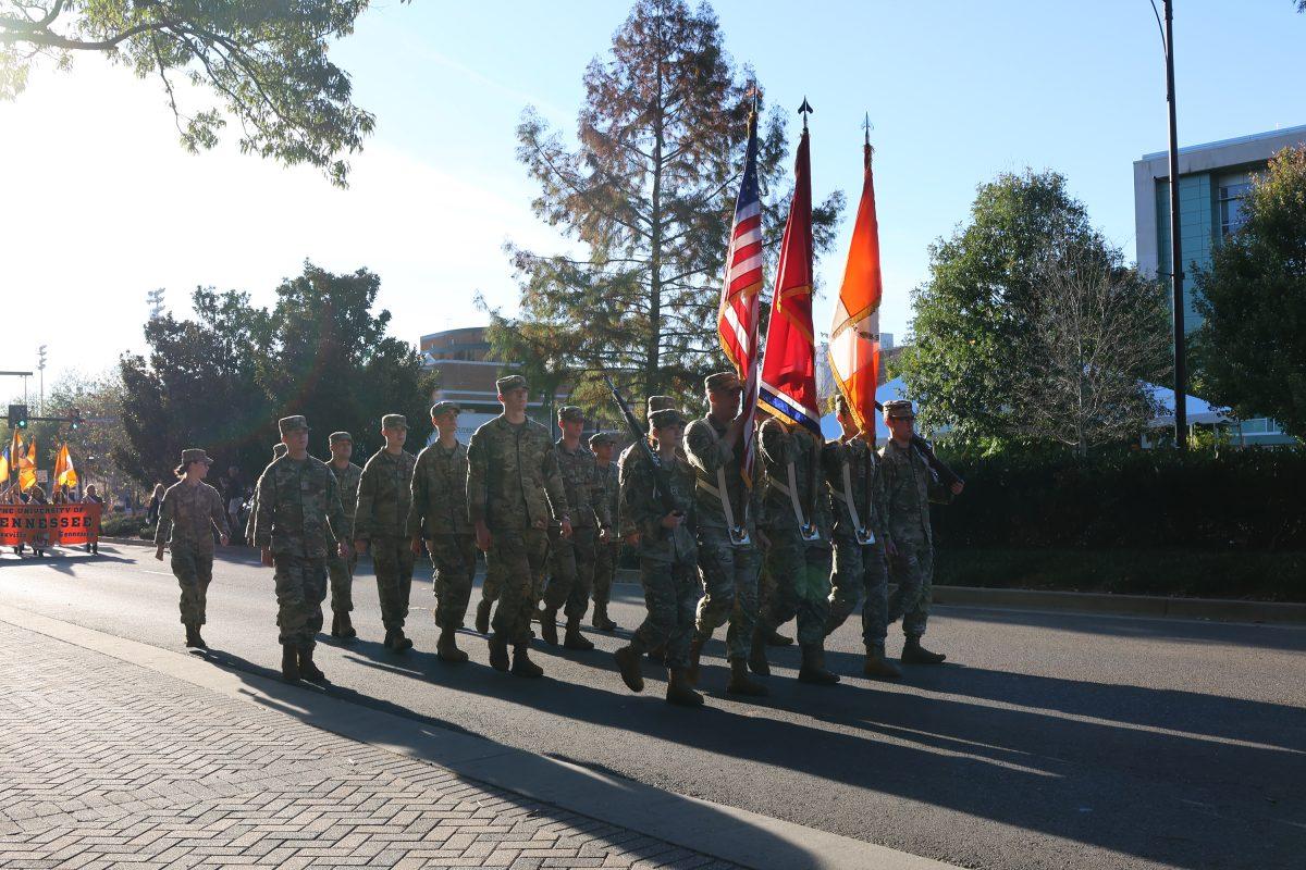 Members of the ROTC lead the Homecoming Parade down Volunteer Boulevard. Friday, Nov. 8, 2024.