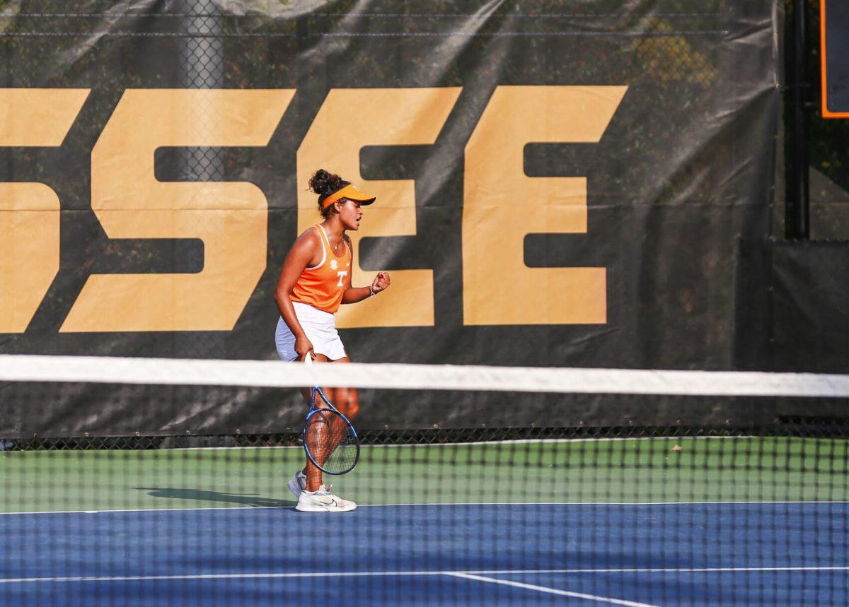 Leyla Britez Risso celebrates after scoring against Ohio State at Barksdale Tennis Stadium. Saturday, Oct. 26, 2024