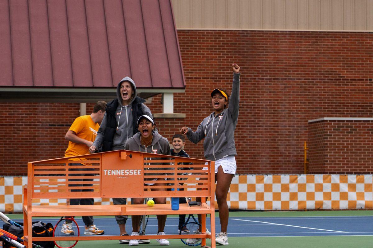 Elza Tomase (left), Vanesa Suarez (middle) and Leyla Britez Risso (right) cheer on for the Lady Vols at Barksdale Stadium. Sunday, Oct. 27, 2024.