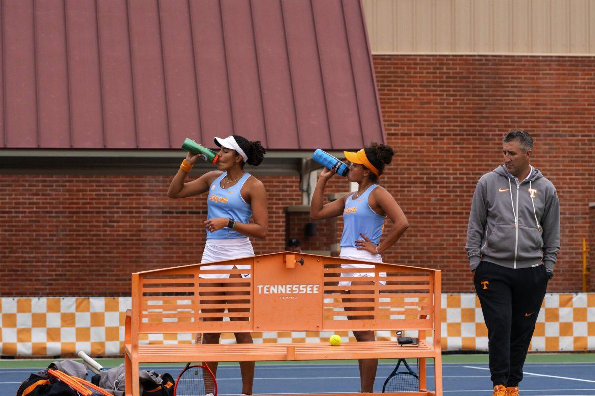 Vanesa Suarez (left), Leyla Britez Risso( middle), and Matias Marin (right) take a break after their set at Barksdale Stadium. Sunday, Oct. 27, 2024.