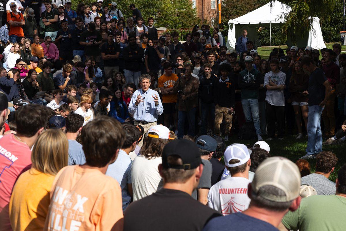 Cliffe Knechtle speaks to students outside HSS at the amphitheater. Monday, Nov. 11, 2024.