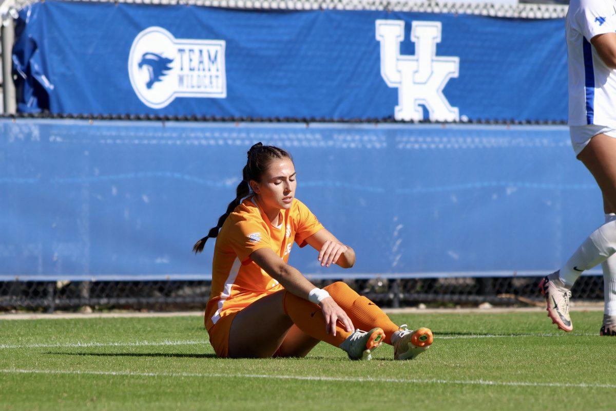 Sammi Woods (3) goes down during a game against Kentucky at Bell Soccer Complex. Sunday, Oct. 27, 2024.