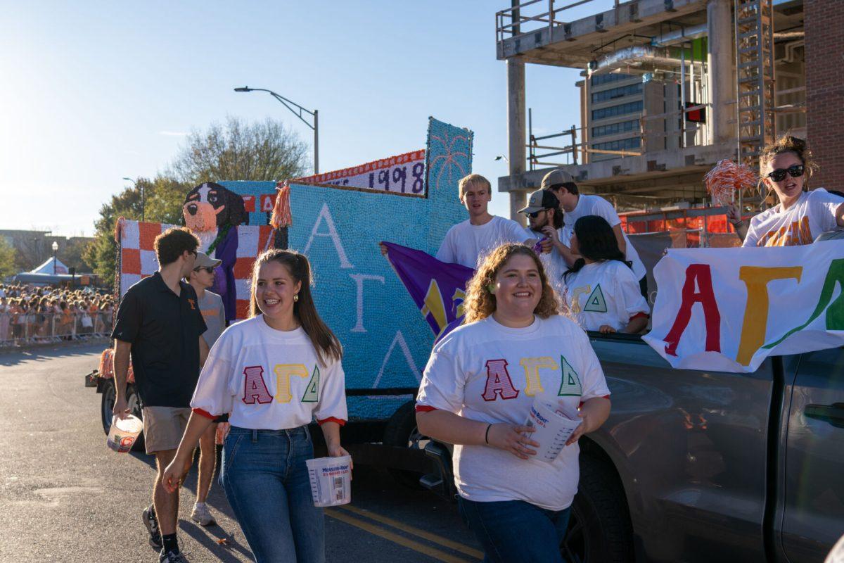 Alpha Gamma Delta and Delta Tau Delta at the homecoming parade. Friday, Nov 8, 2024.