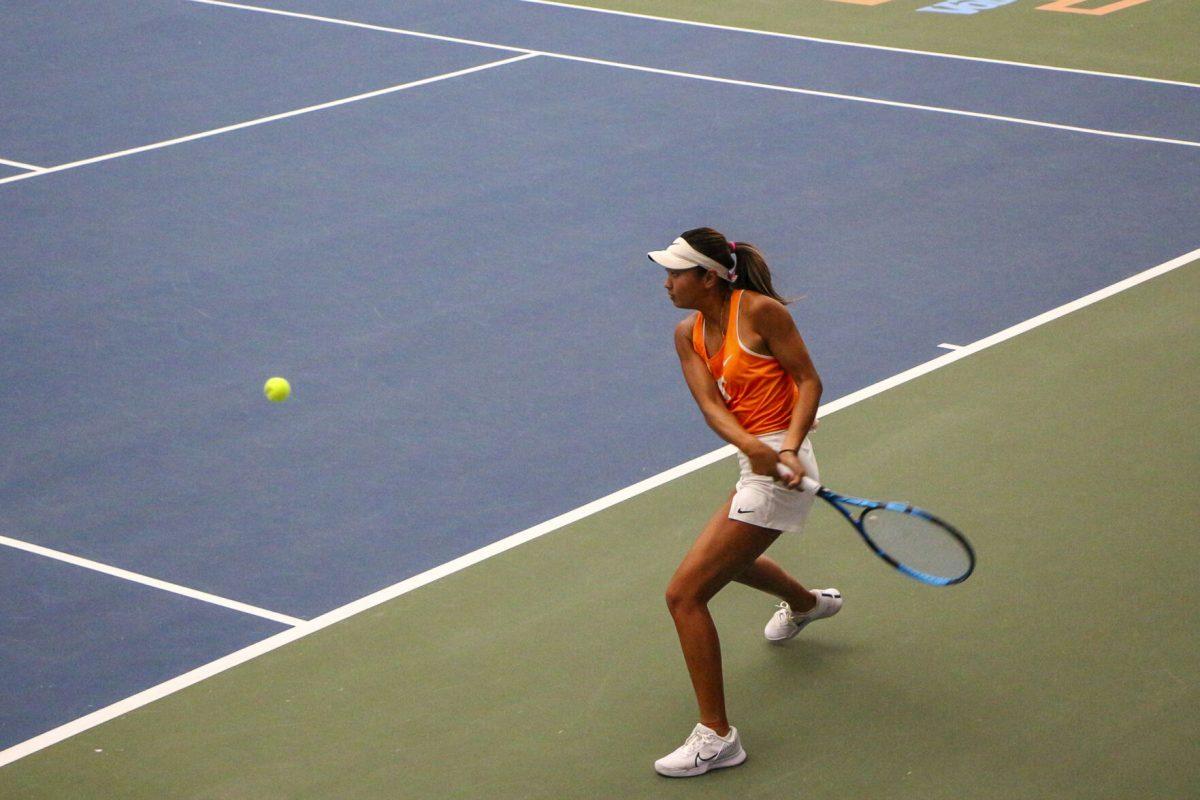 Elim Yan prepares to return a hit against Ohio State at the Goodfriend Tennis Center. Saturday, Oct. 26, 2024.