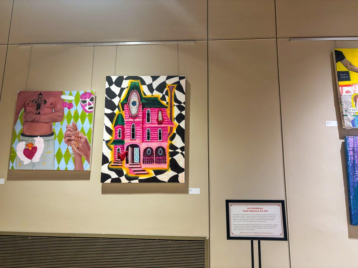 Hodges Library will be showcasing work by Art 214 students in collaboration with the seed library until Dec. 2. Pictured is Juliet Barton's work, a student who used thyme seeds as her inspiration. Tuesday, Nov. 19, 2024.