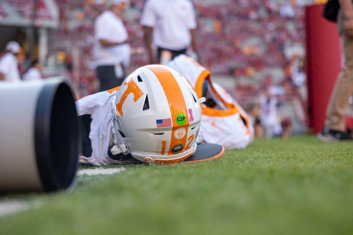 A Tennessee helmet during warm-ups before a game against Arkansas at Donald W. Reynolds Razorback Stadium. Saturday, Oct. 5, 2024. 