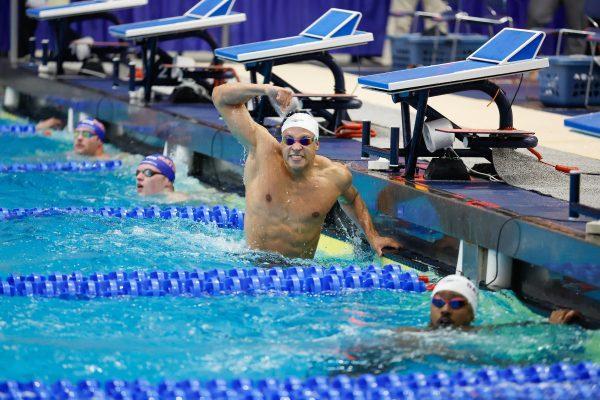 Jordan Crooks celebrates at the 2024 SEC Swimming &amp; Diving Championships in Auburn, Ala. (Photo/Stew Milne)