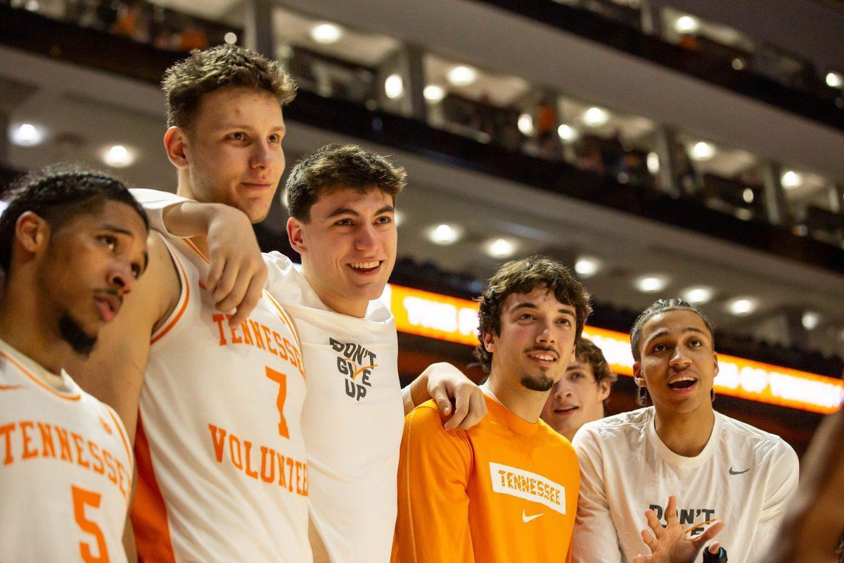 Members of the UT men's basketball team hype each other up during the game against Western Carolina at Thompson-Boling Arena at Food City Center. Tuesday, Dec. 17, 2024.