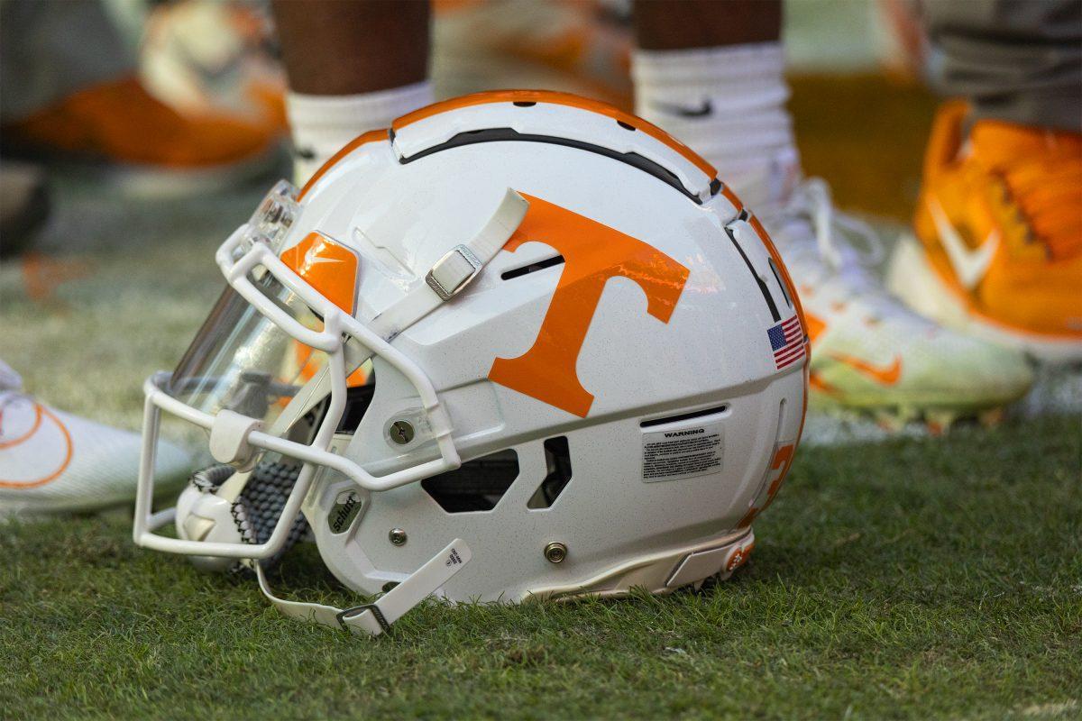 A Tennessee football helmet on the field at Neyland Stadium. Saturday, Nov. 23, 2024.
