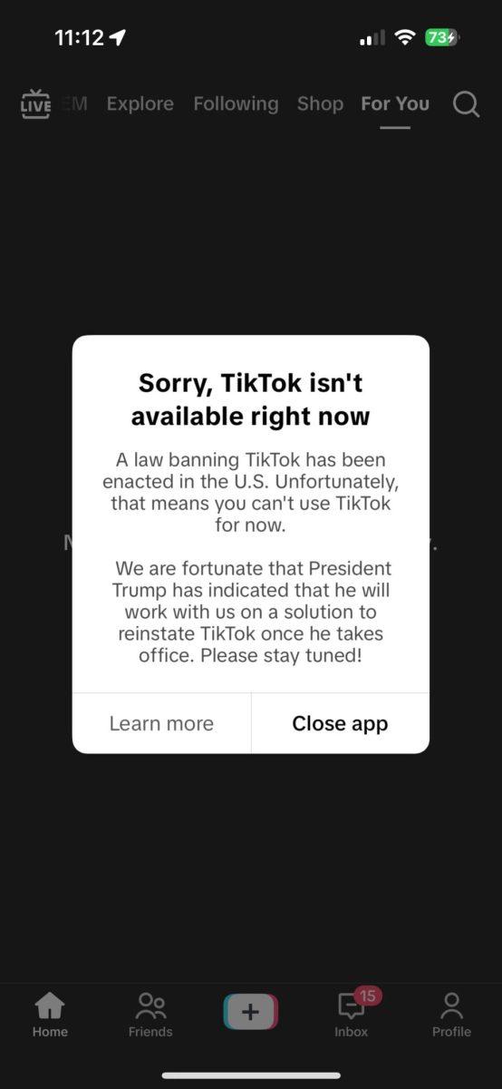 A screenshot of the message that appeared on TikTok users' screens after the TikTok ban went into effect in the United States on Jan. 18, 2025.