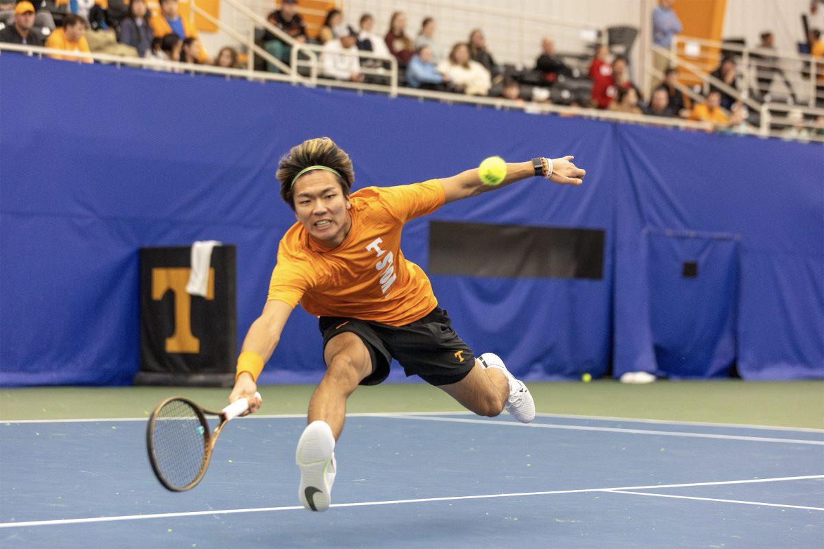 Shunsuke Mitsui hits against Illinois at Goodfriend Indoor Tennis Center. Saturday, Jan. 25, 2025.